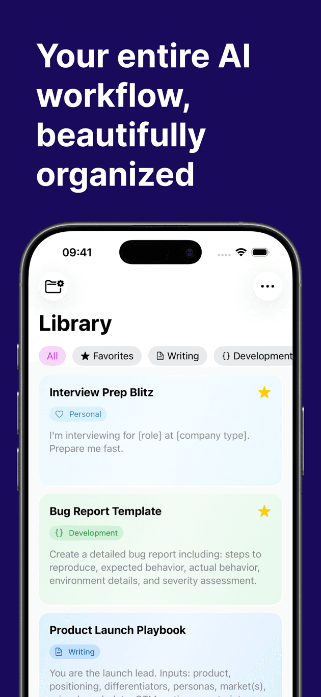 Promptty library on iPhone showing AI prompt cards organized by category